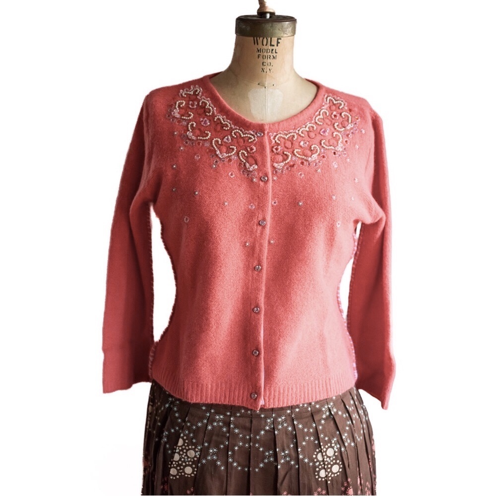Vintage Free People Coral Wool & Angora Sweater with Beadwork Embroidery - Picture 2 of 14